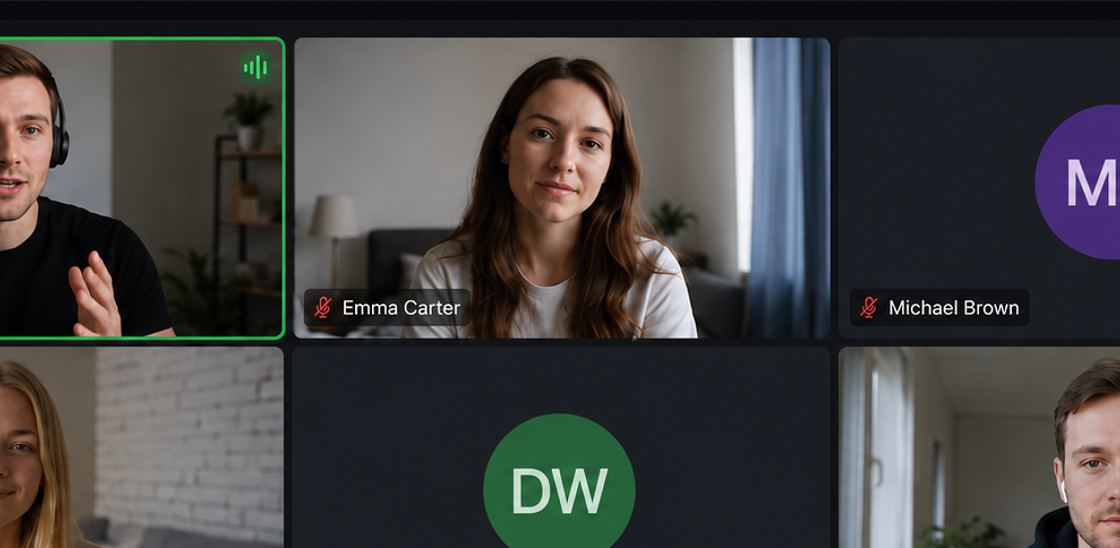 A video call grid with the speaker highlighted: hmmm notices a meeting has started on its own