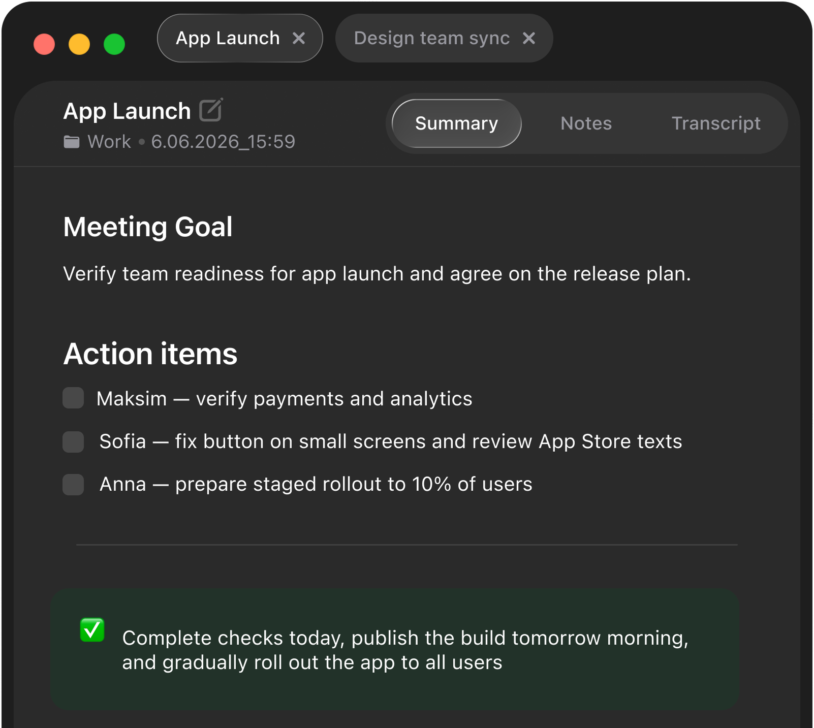 The Summary tab in hmmm: the meeting goal and per-person action items, collected after the call